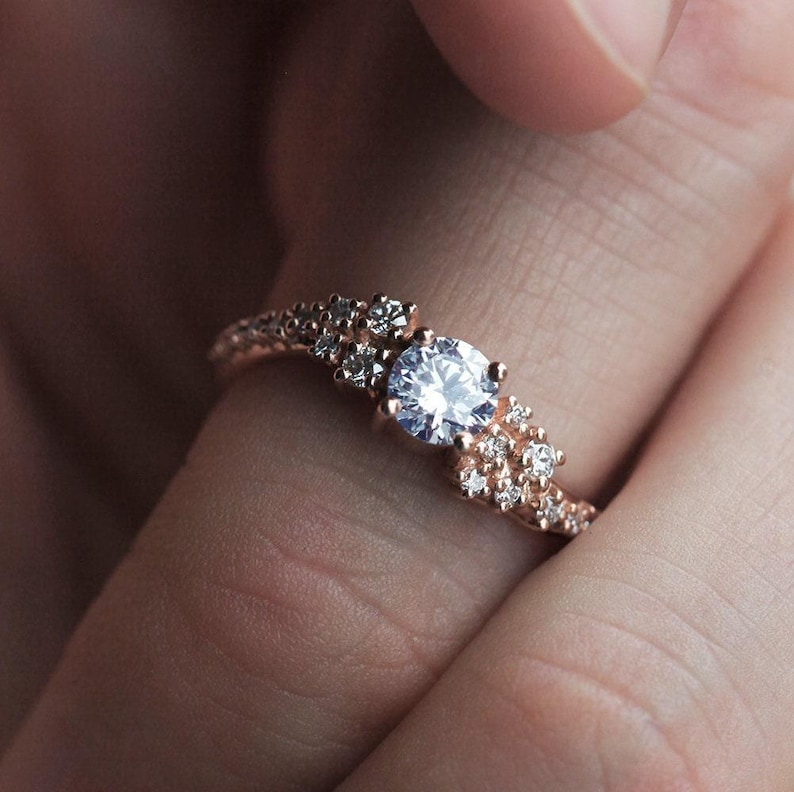 Diamond cluster ring, Moissanite engagement ring, Wave wedding ring, Unique gia bubbles ring image 4