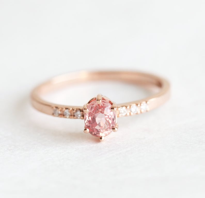 Rose Gold Diamond and Sapphire Ring with Oval Peach Sapphire, Sapphire Ring image 7