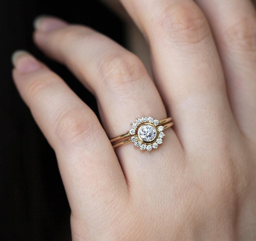 Half Carat Diamond Engagement Ring Set Round 0.5ct Diamond Ring with Matching Curved Diamond Band