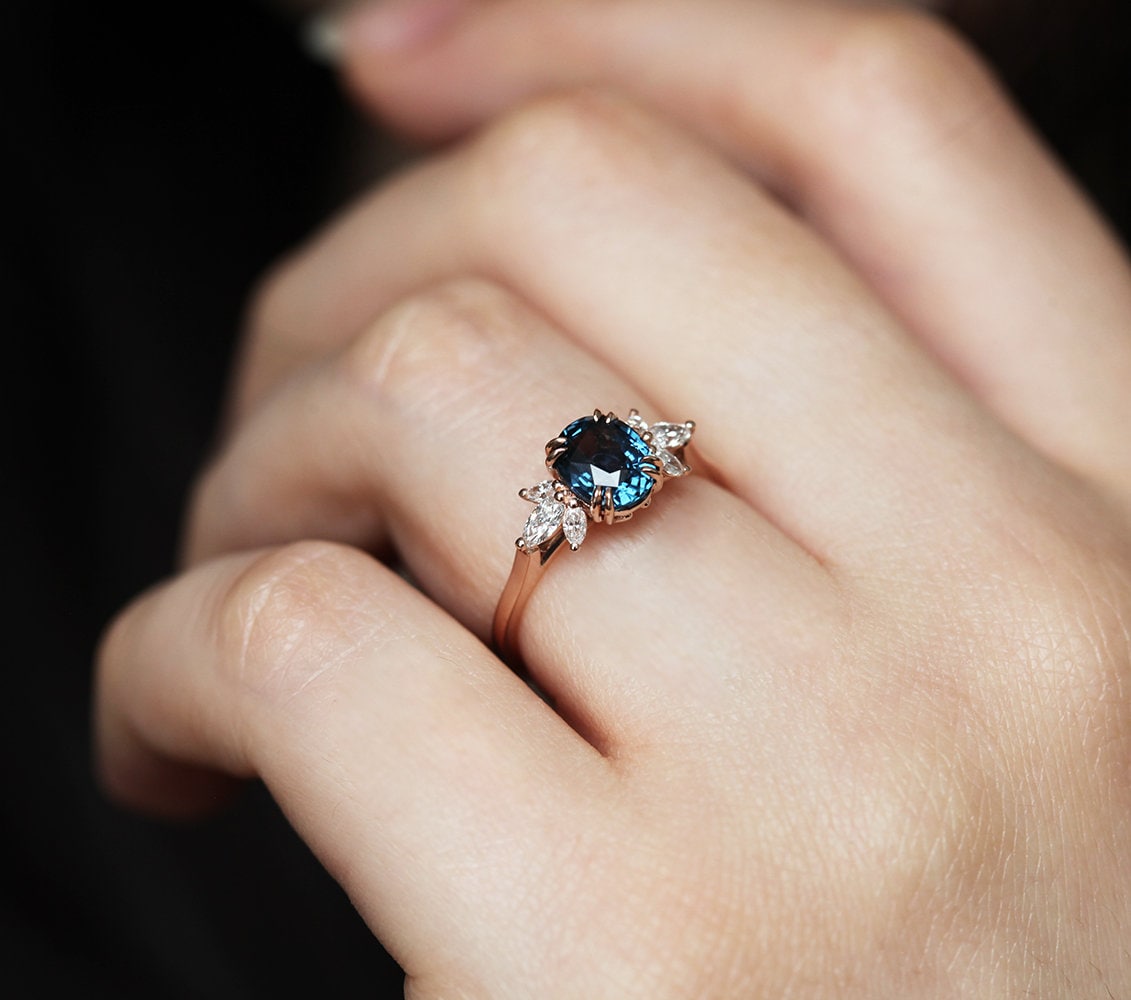 VS2 1.20 Carat Blue Diamond Solitaire Engagement Ring, Rose Flower Floral  Unique 14K Black Gold Certified