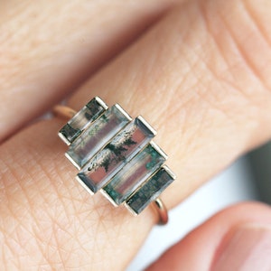 Art deco engagement ring, Moss agate ring, Baguette cut ring, Unique green ring image 2