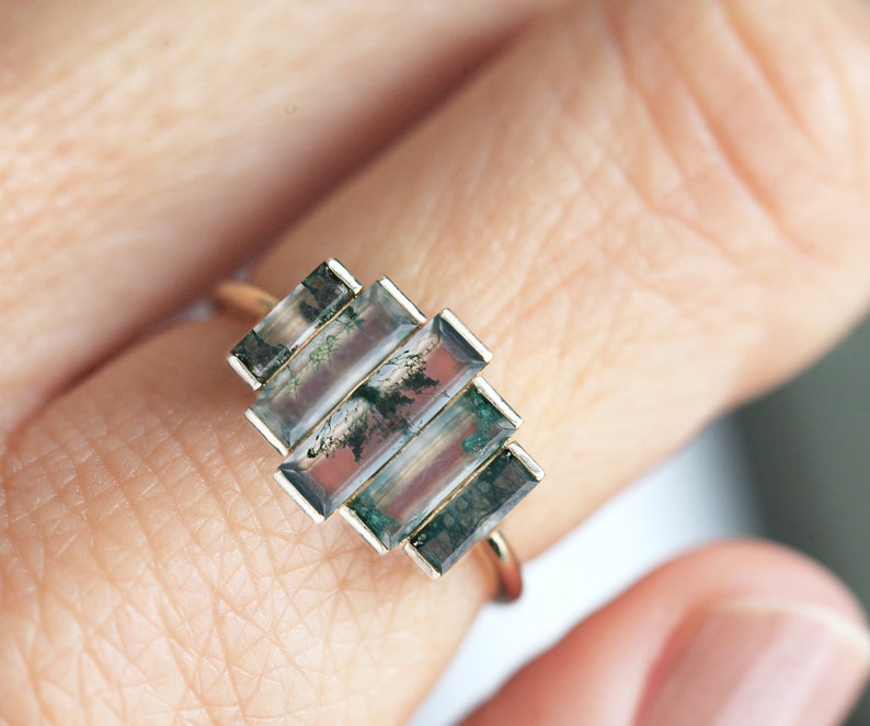 Art deco engagement ring, Moss agate ring, Baguette cut ring, Unique green ring image 2