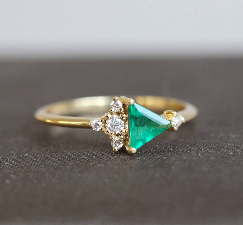 Triangle Emerald Diamond Ring Trillion Diamond Cluster Ring - Etsy