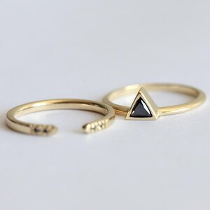 Natural Black Diamond Ring with Black Diamond Wedding Band, Triangle Black Diamond Solitaire with Open Diamond Ring image 3
