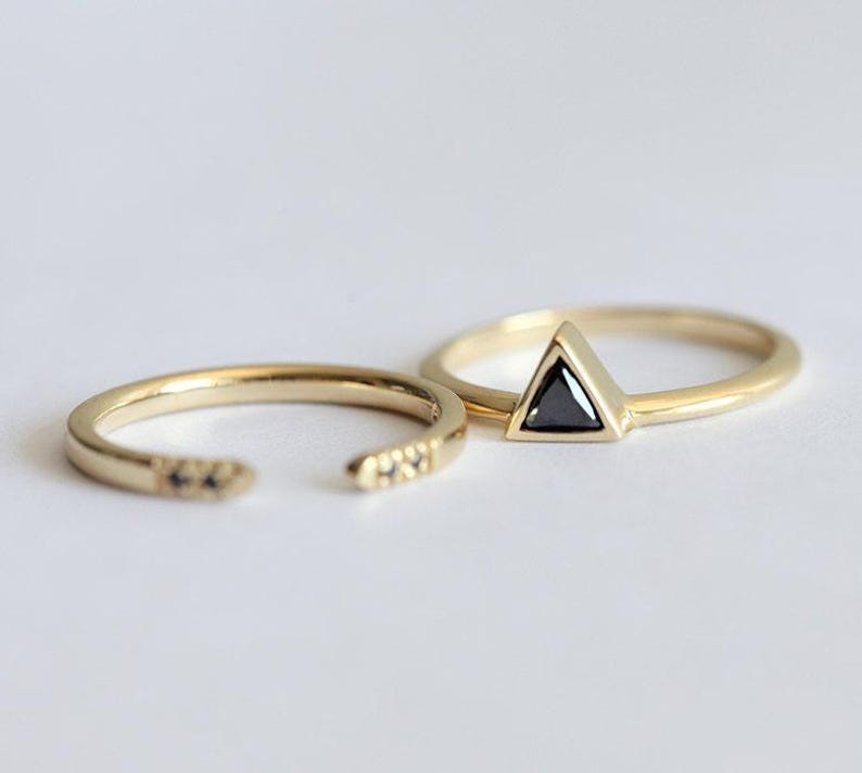 Natural Black Diamond Ring with Black Diamond Wedding Band, Triangle Black Diamond Solitaire with Open Diamond Ring image 3