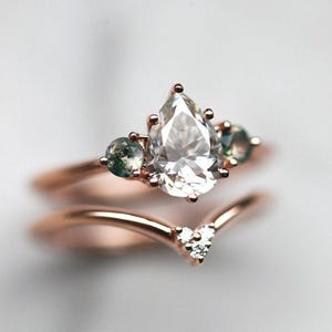 Engagement ring set, Moissanite & moss agate ring, Pear wedding set, Unique gemstone set