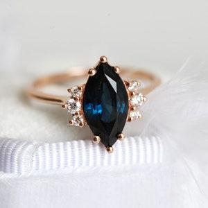 Blue sapphire diamond ring, Marquise engagement ring, Dark sapphire wedding ring, Rose gold ring image 8