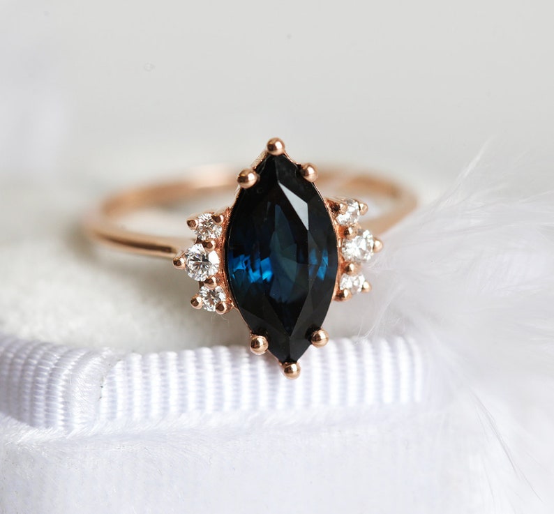 Blue sapphire diamond ring, Marquise engagement ring, Dark sapphire wedding ring, Rose gold ring image 8