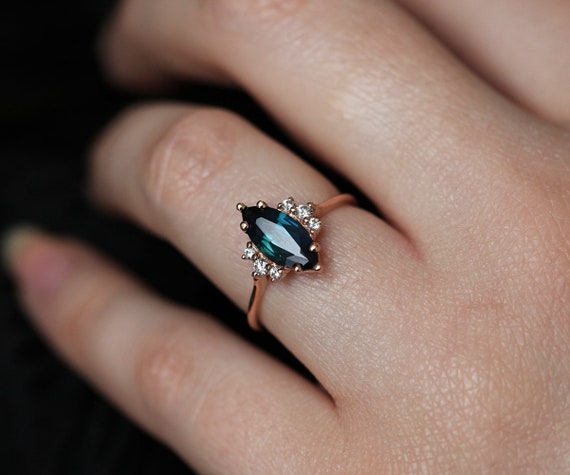 Deep Teal Sapphire Ring Blue Green Sapphire Engagement Ring