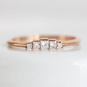Art Deco Diamond Engagement Ring, Rose Gold Princess Diamond Ring, Five Diamond Band with Princess Cut Diamonds