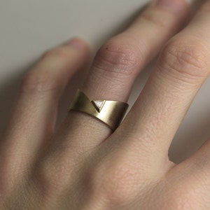 Triangle diamond wedding ring, Modern gold band, Wide trillion diamond ring, Unique asymmetrical ring image 2