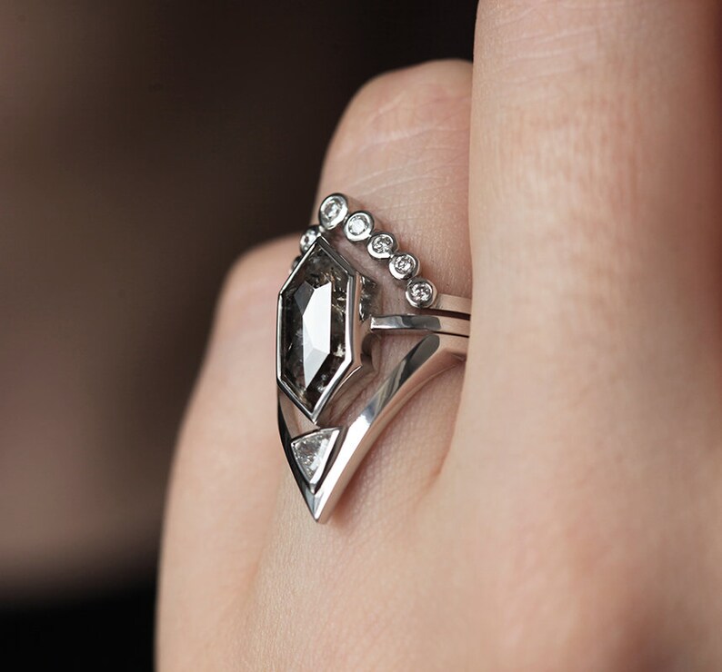 Unique Salt Pepper Diamond Ring Set Hexagon Diamond Etsy UK