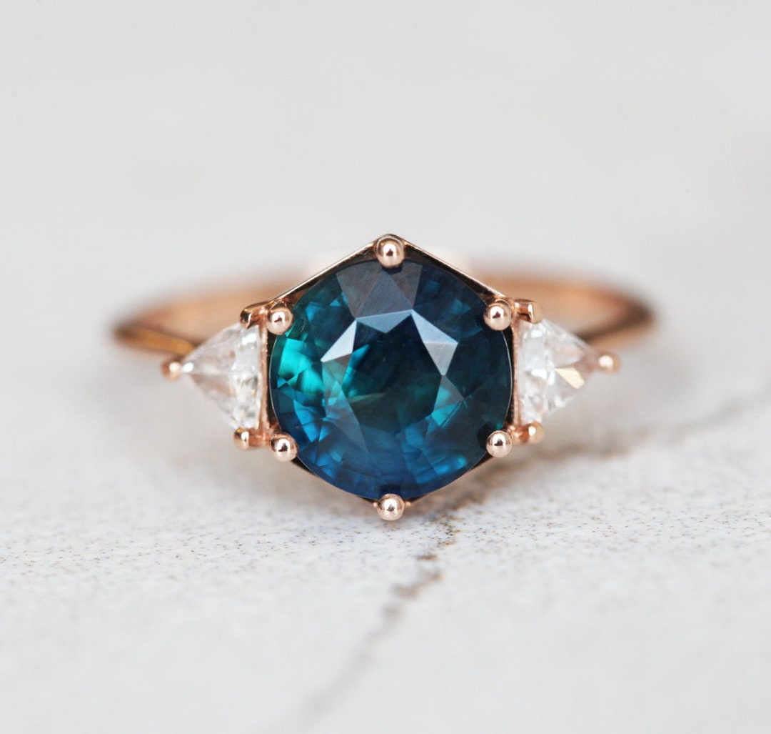 Round Sapphire Diamond Ring Three Stone Ring With 2.5ct Teal - Etsy