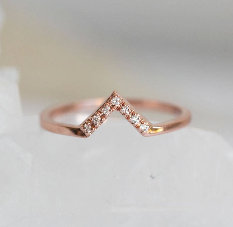 Dainty Gold Wedding Ring, Pave Diamond Chevron Ring, Curved V shaped Wedding Band with Diamonds image 5