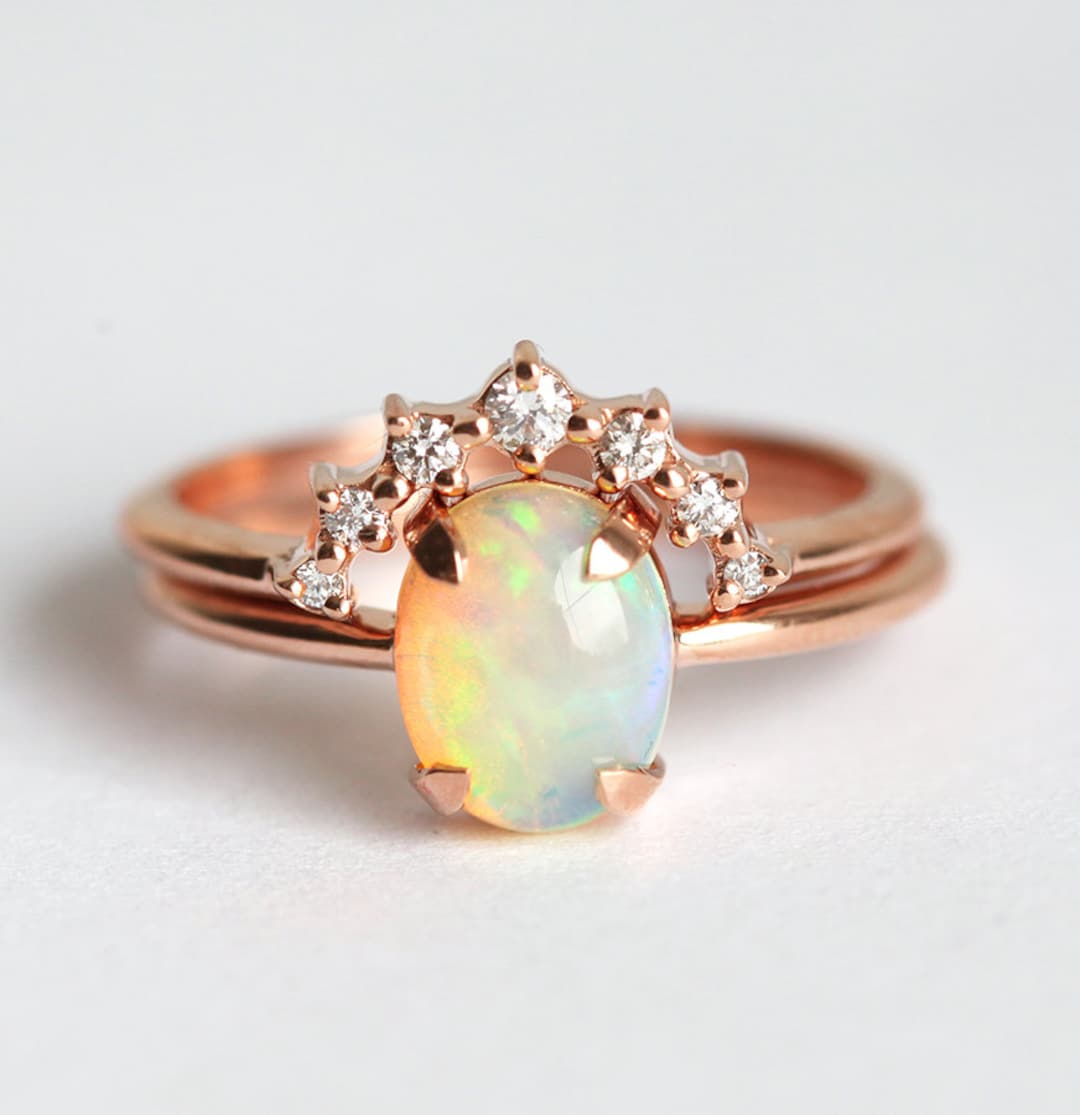 Opal and Diamond Ring Set, Australian Opal Ring With Curved Diamond ...