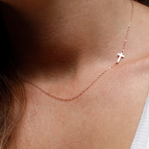 Solid Gold Cross Necklace, 14k Gold Tiny Cross Necklace, Sideways Cross Necklace for Her image 2