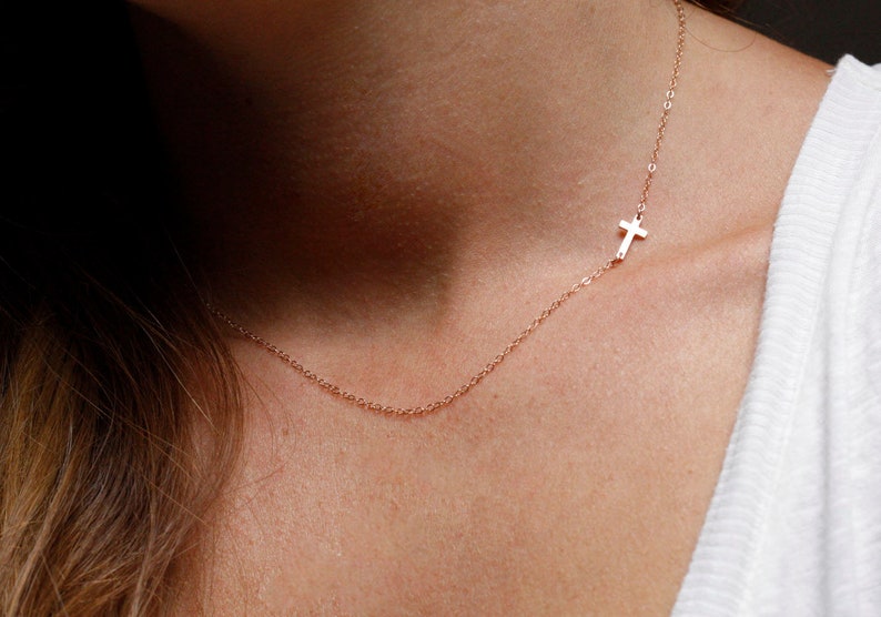 Solid Gold Cross Necklace, 14k Gold Tiny Cross Necklace, Sideways Cross Necklace for Her image 2