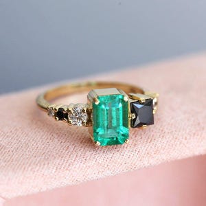 Large emerald diamond Ring, Emerald Cut Emerald Diamond Ring in Yellow Gold, 18k Yellow gold Diamond Ring, Emerald Engagement image 6