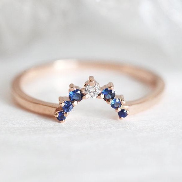 Blue Sapphire Wedding Band, Matching Sapphire Diamond Ring Curved Diamond Wedding band with Blue sapphires