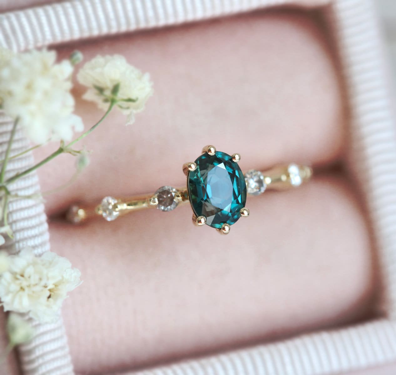 Blue Sapphire & Diamond Engagement Ring Green Ceylon Teal | Etsy UK