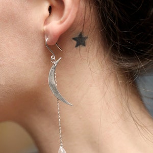 Dangle Moon Earrings, Sterling Silver or Gold Filled Crescents & Moonstone Drops image 3