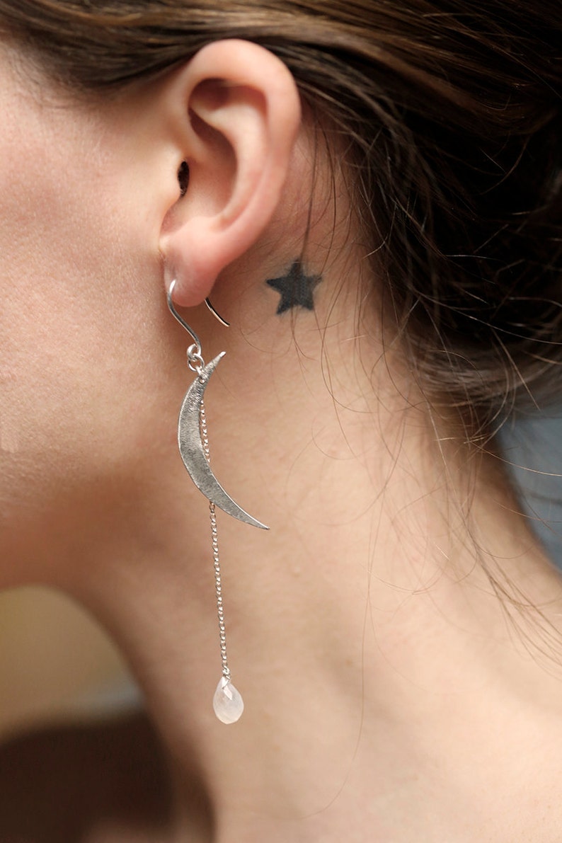 Dangle Moon Earrings, Sterling Silver or Gold Filled Crescents & Moonstone Drops image 3
