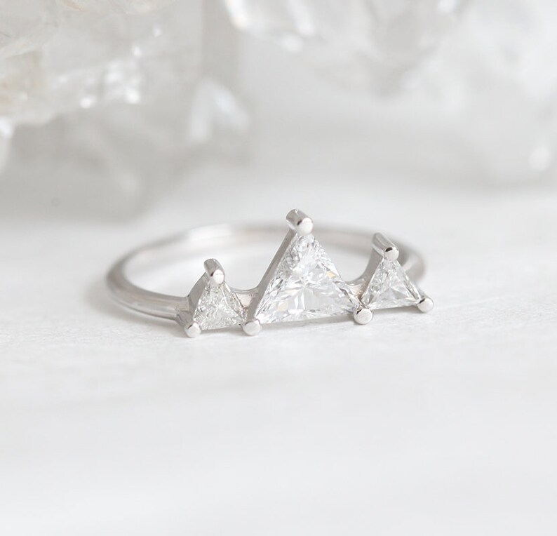 Unique Triangle Diamond Ring, Half Carat Diamond Mountain Ring with trillion diamonds, Three Stone Ring by Minimalvs image 3