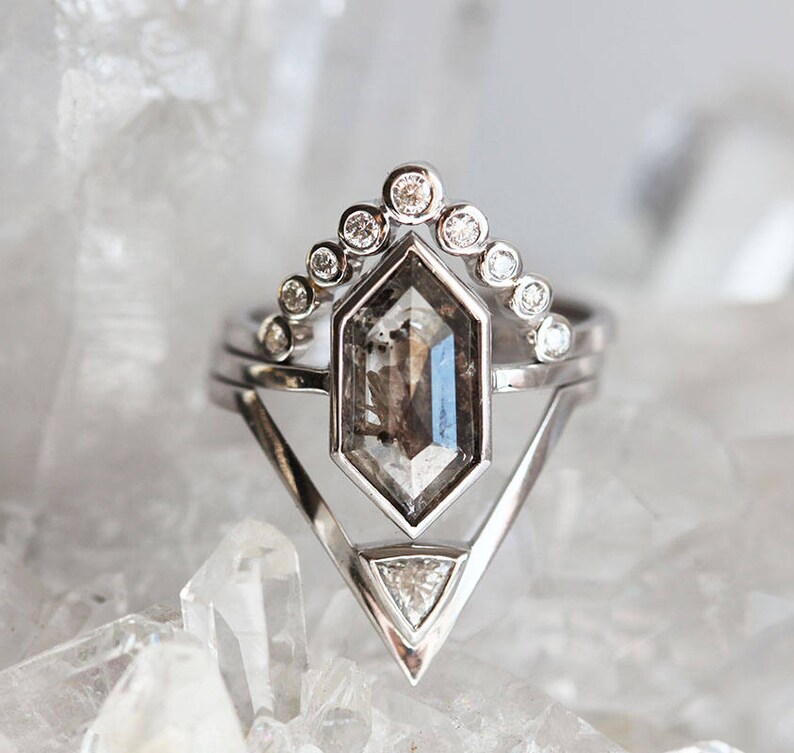 Unique Salt Pepper Diamond Ring Set Hexagon Diamond Etsy UK