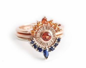 Sapphire engagement ring set, Sunset wedding set, Orange & blue gemstone rings