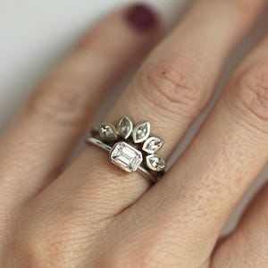 Emerald Diamond Ring, Emerald Cut Solitaire Diamond Ring with Diamond Wedding Band, Simple Diamond Ring Set image 2