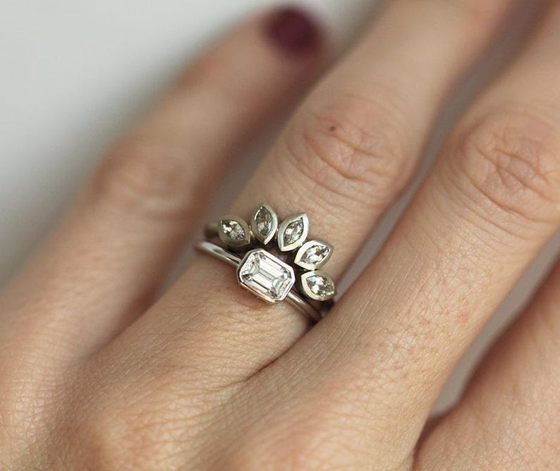 Emerald Diamond Ring, Emerald Cut Solitaire Diamond Ring with Diamond Wedding Band, Simple Diamond Ring Set image 2