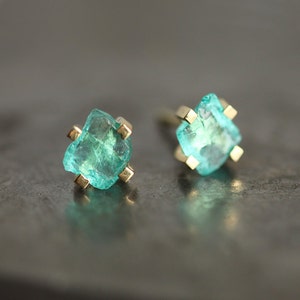 Raw Mint Apatite Studs, Simple Green Earrings, 14k Solid Gold image 3