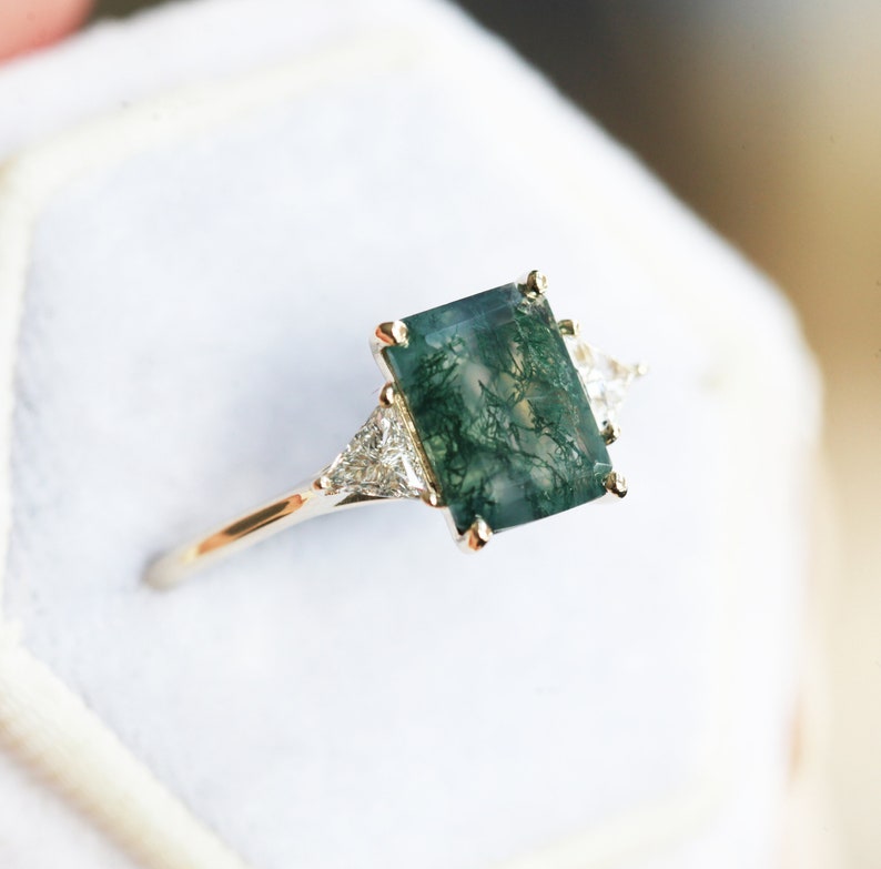 Emerald cut moss agate engagement ring, Three stone moss agate ring with side triangle diamonds image 1