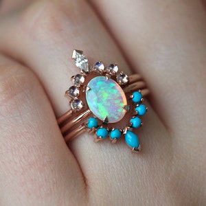 Ocean Ring Set, Engagement Ring Set with Oval Australian Fire Opal, Moonstone, Diamond & Turquoise Curved Band Rings, Bridal or Wedding Set image 2