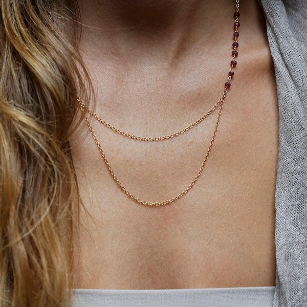 Robijnrode ketting, bohoketting, boho-edelsteenketting, goudgelaagde ketting, sierlijke rode ketting
