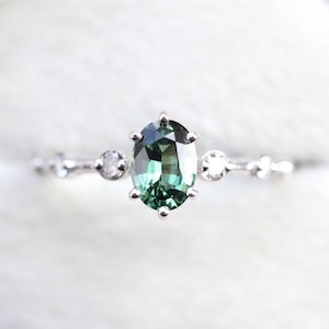 Greenish Teal Sapphire ring, Sapphire Engagement ring, Salt pepper diamond Ring