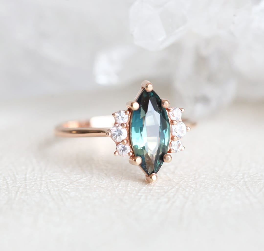 Green Blue Sapphire Engagement Ring With Diamonds in 18k Rose