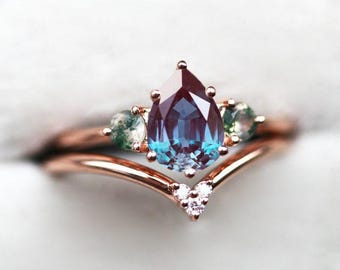 Alexandrite engagement ring, Moss agate diamond set, Pear three stone wedding set