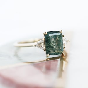Emerald cut moss agate engagement ring, Three stone moss agate ring with side triangle diamonds image 2