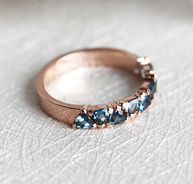 London Blue Topaz Ring, Teal Blue Wedding Band, Rose Gold Wedding Ring with London Blue Topaz, Unique Trillion Wedding Band image 6