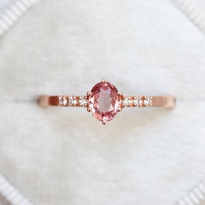 Padparadscha Sapphire Ring Rose Gold, Peach Sapphire Ring With Diamonds, Simple Sapphire Ring image 4