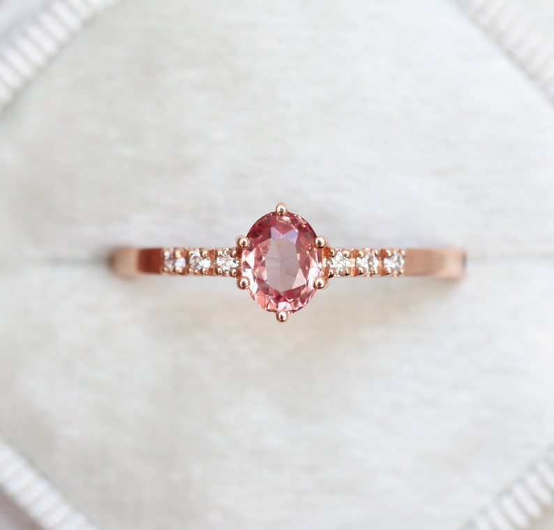 Padparadscha Sapphire Ring Rose Gold, Peach Sapphire Ring With Diamonds, Simple Sapphire Ring image 4