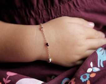 Pulsera de corazón de oro rosa macizo de 14 k, pulsera de cadena de oro rosa para niña, pulseras de corazón de 14 k, regalo de bautismo, delicada pulsera de corazón de oro rosa
