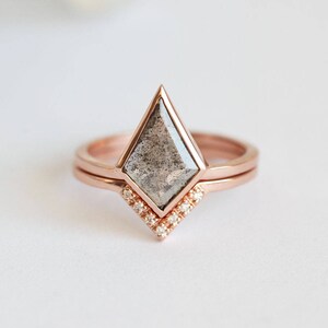 Grey Salt Pepper Diamond Ring With V Diamond Band, Diamond Engagement Ring Set, Natural Diamond Ring Grey image 7