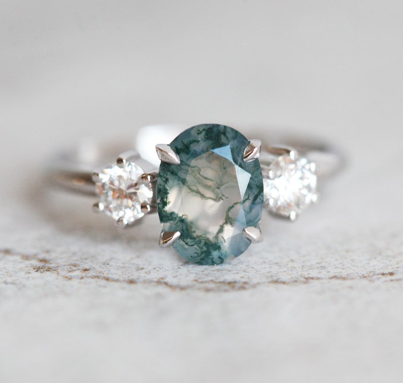 Oval Moss Agate Ring Moss Agate Diamond Engagement Ring | Etsy