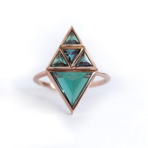 Triangle Kite Lab Alexandrite ring, Statement Alexandrite engagement ring