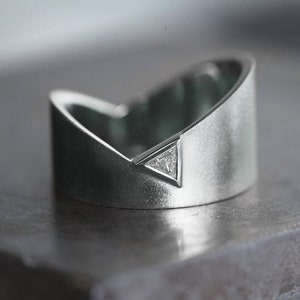 Triangle diamond wedding ring, Modern gold band, Wide trillion diamond ring, Unique asymmetrical ring image 6