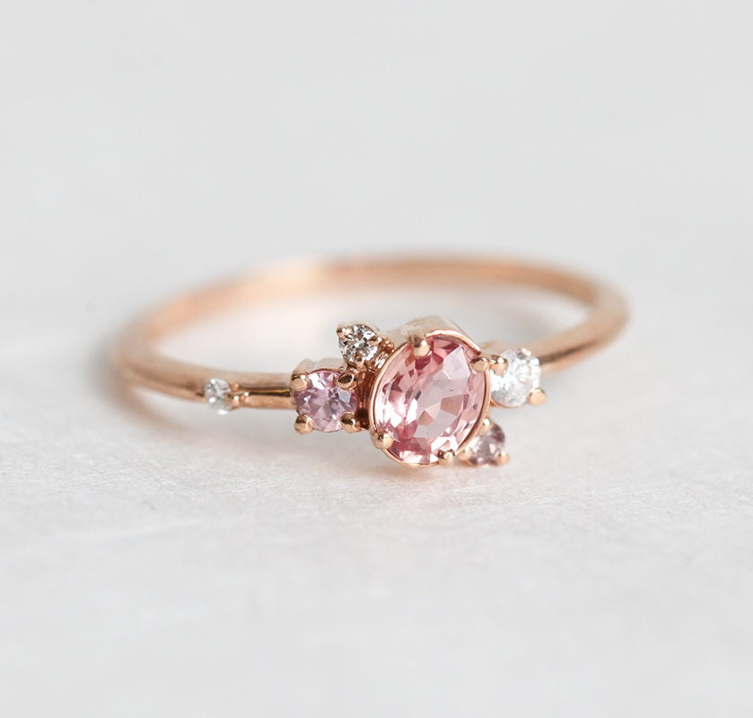 Peach Sapphire Engagement Ring Cluster Sapphire Diamond Ring | Etsy