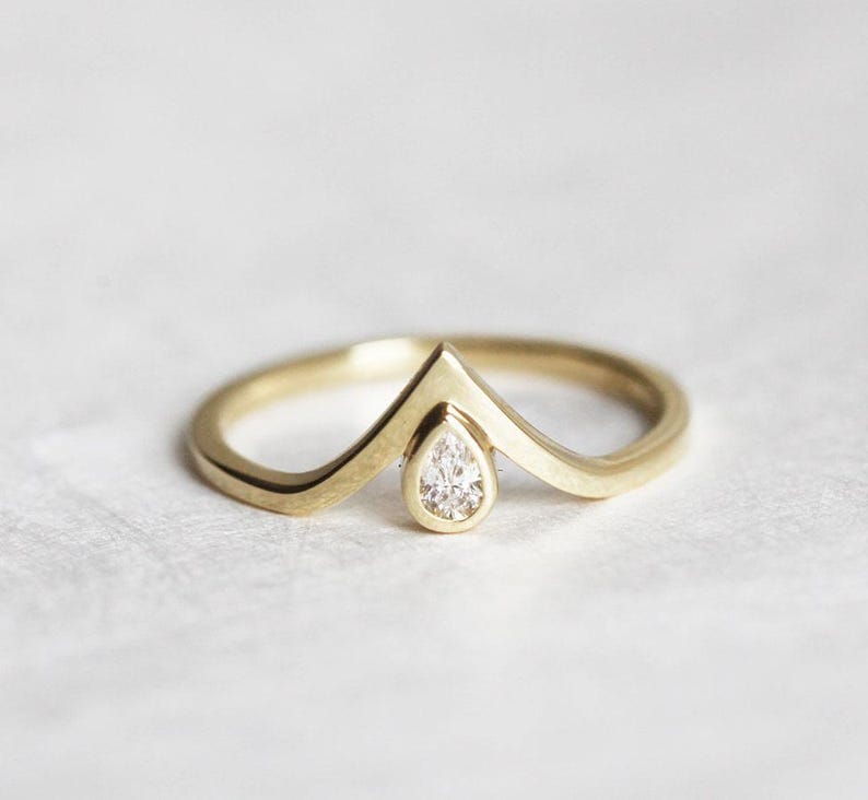 Pear engagement ring, Diamond ring, Small gemstone ring, Tiny v shaped wedding band image 9
