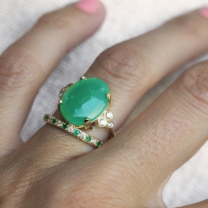 Chrysoprase & diamond ring, Oval cut engagement ring, Large gemstone ring, Green cocktail ring